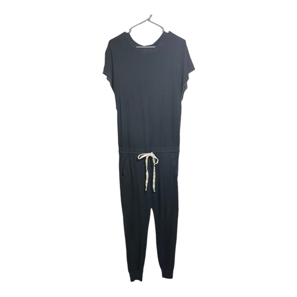 Monrow short sleeve drawstring waist jogger cuff jumpsuit dark grey size medium - Picture 2 of 11